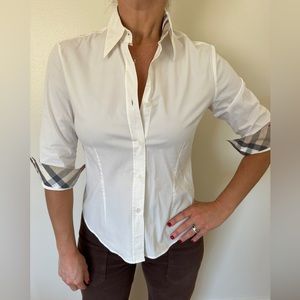 Burberry London, white three-quarter length sleeve button down shirt